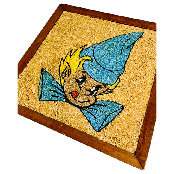 Vintage Pixie Elf Pebble Art Mosaic Gravel Framed Wall Hanging Kitschy 13" x 13" - Picture 3 of 13